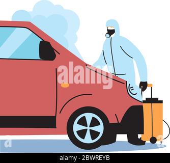 Homme portant une combinaison de protection et désinfectant isolé pour éviter le covid 19, désinfectant van Vector illustration design Illustration de Vecteur