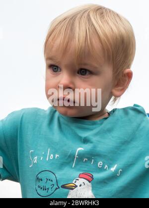 Magnifique petit garçon blond de 2 ans : portrait de la tête et des épaules. MODÈLE LIBÉRÉ Banque D'Images