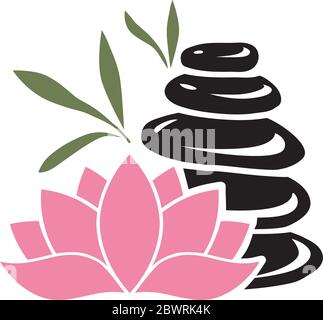 fleur de lotus et feuilles de bambou autour de galets zen noirs Illustration de Vecteur