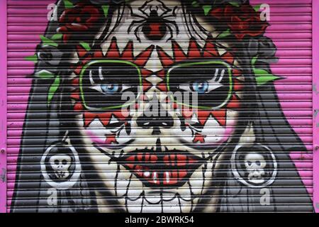 L'œuvre d'art de la Journée mexicaine des morts à l'occasion D'un obturateur de rue Banque D'Images