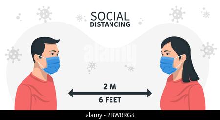 Homme et femme personnage portant un masque chirurgical maintenir la distance sociale pour prévenir la propagation du virus, coronavirus. Illustration de Vecteur