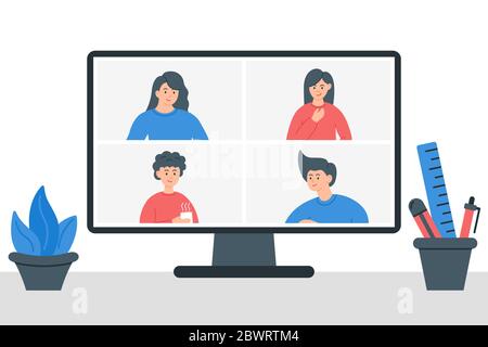 Restez et travaillez à la maison. Illustration de la vidéo conférence. Formulaire de travail de réunion en ligne à la maison. Diffusion, discussion sur le Web, réunion en ligne avec des amis. Illustration de Vecteur