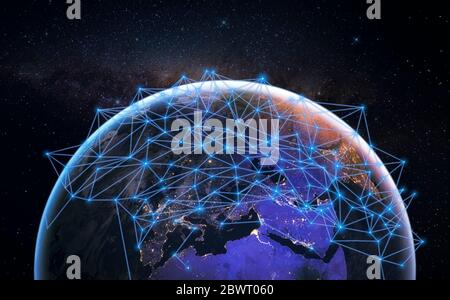 Réseau mondial de communication sur notre planète bleue Terre dans l'espace. Concept d'échange mondial d'informations et de connexion numérique sans fil. Banque D'Images