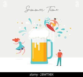 Scène d'été, groupe de personnes, famille et amis s'amuser autour d'une énorme bière, surf, natation dans la piscine, boisson froide, jouer sur le Illustration de Vecteur