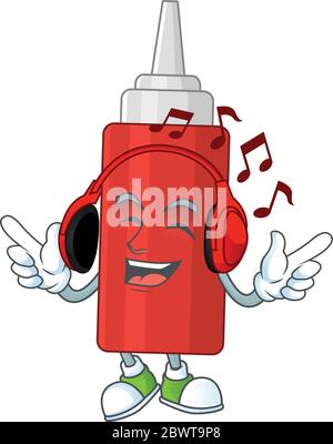 Dessin animé de la bouteille de sauce à l'écoute de la musique avec le casque Illustration de Vecteur