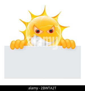 Evil été Sun Emoticon. Angry Sun Emoji avec modèle de bannière. Ajoutez votre message à l'espace vide de la bannière. Isolé sur fond blanc. Banque D'Images