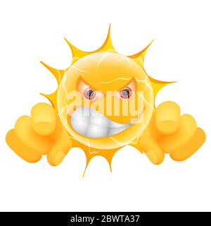 Evil été Sun Emoticon. Angry Sun Emoji vous pointe vers vous. Isolé sur fond blanc. Banque D'Images