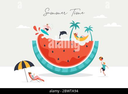 Scène d'été, groupe de personnes s'amusant autour d'un énorme melon d'eau, surf, natation dans la piscine, boisson froide, jouer sur la plage Illustration de Vecteur