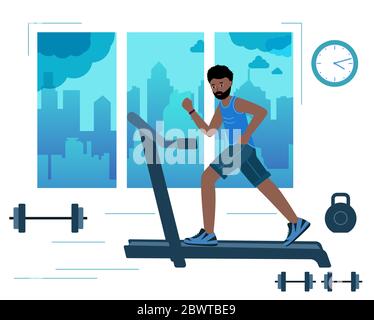 Black Man courir sur un tapis roulant motorisé en salle de gym avec le fond de la ville dans la fenêtre. personnage de dessin animé africain. Centre de fitness, outil de gym. Vecteur illu Illustration de Vecteur