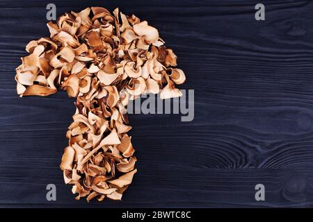 Champignons séchés comestibles sur fond de bois noir vue rapprochée dessus, boletus édulis sec sur fond de bois foncé, boletus de chapeau brun, pain de penny, cep Banque D'Images