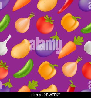 Motif légumes sans couture. Vecteur dessin animé concept alimentaire sain avec légumes - carotte, concombre, paprika, pomme de terre, ail, oignon, tomate, aubergine, be Illustration de Vecteur