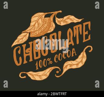 Feuilles de cacao. Logo ou badge vintage pour tee-shirts, typographies, magasins ou enseignes. Esquisse gravée dessinée à la main. Illustration vectorielle. Illustration de Vecteur