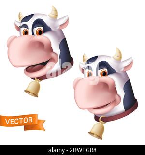 Icônes de tête de personnage de vache de dessin animé souriant. Illustration vectorielle d'un animal domestique à cornes avec une cloche dorée isolée sur un fond blanc. Parfait pour Illustration de Vecteur