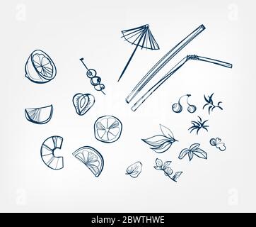 parapluie paille citron menthe vecteur une ligne art boisson isolée Illustration de Vecteur