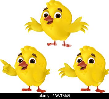 Ensemble de mignons poussins de dessin animé isolés sur un fond blanc. Illustration vectorielle avec trois poulets jaunes amusants dans différentes poses, montrant, flipping Illustration de Vecteur