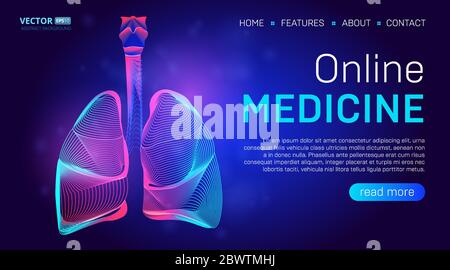 Concept de fond de page d'arrivée de médecine en ligne ou conception de bannière de héros avec illustration de vecteur de poumons humains. Modèle de site Web de soins de santé de Pulmonologiey pour Illustration de Vecteur