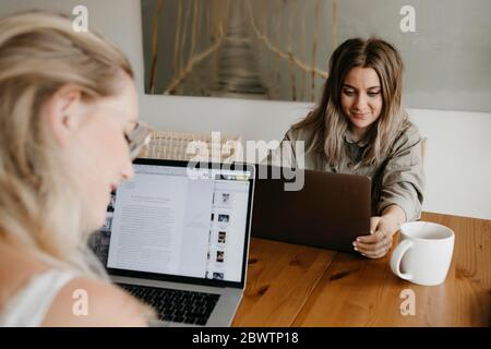 Amis travaillant sur des ordinateurs portables assis à la table dans le bureau à domicile pendant le verrouillage Banque D'Images