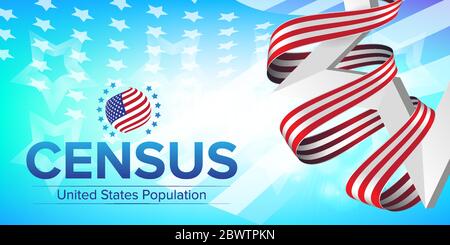 Bannière du Recensement de la population des États-Unis de 2020. Illustration vectorielle avec drapeau américain rayé et étoiles. Peut être utilisé pour le modèle Web de page d'arrivée, badg Illustration de Vecteur
