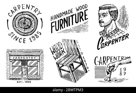 Jeu d'étiquettes en bois pour atelier ou panneaux d'affichage. Menuisier, menuisier, mobilier et chaise. Logo vintage, badges pour typographie ou t Illustration de Vecteur