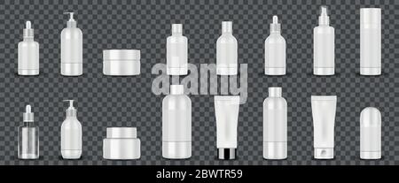 Tubes cosmétiques blancs vierges sur fond transparent. Récipients cosmétiques blancs crème pour les mains, shampooing, parfum, savon liquide, vaporisateur, flacon de lotion Illustration de Vecteur