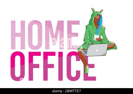 bureau à domicile - croquis d'une jeune fille noire dans une robe de chambre assis travaillant à la maison avec des lettres Illustration de Vecteur
