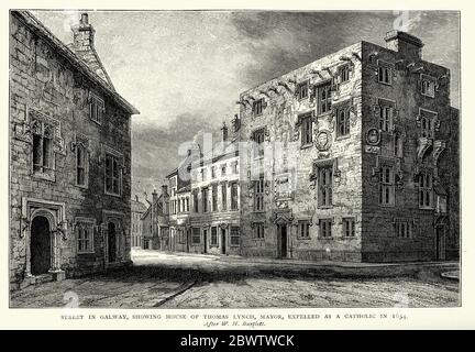 Rue à Galway, Irlande, montrant la maison de Thomas Lynch, maire, expulsé comme catholique en 1654 Banque D'Images
