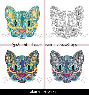 ensemble de quatre doodle face chat. couleur chat stylisé, ornement. page de livre de coloriage pour adulte. Illustration vectorielle. Illustrations dessinées à la main Illustration de Vecteur
