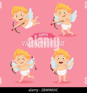 Ensemble de personnages Cupidés mignon en différentes poses. Modèle de bonne Saint-Valentin en style dessin animé, lettre d'amour avec lettrage Illustration de Vecteur