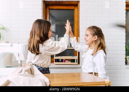 Deux filles joyeuses qui se sont élevées à la maison Banque D'Images