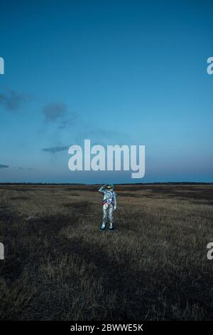 Spacewoman sur la prairie dans la soirée Banque D'Images