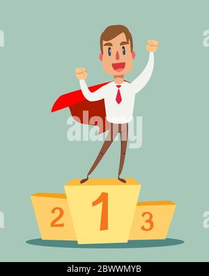 Jeune homme dans un costume d'affaires et le super-héros de Cap rouge debout sur le podium gagnant . Concept commercial de leadership et de succès. Illustration de Vecteur