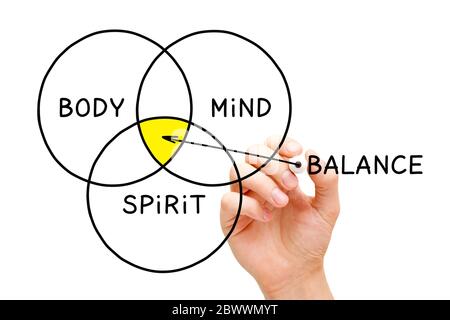 Dessin à la main Body Mind Spirit Balance concept de diagramme avec marqueur sur tableau transparent de balayage isolé sur blanc. Banque D'Images