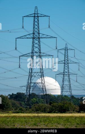 Deux pylônes d'électricité haute tension se tenant devant le dôme de la centrale nucléaire de Sizewell B vu par une brume de chaleur déformant Banque D'Images