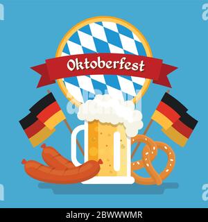 Illustration du modèle Oktoberfest avec gobelet à bière, saucisse, bretzel, drapeaux allemands. Illustration à plat Illustration de Vecteur