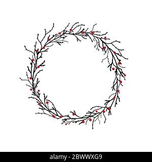 Couronne de branches et de brindilles noires avec baies rouges. Garland bon pour les cartes de voeux. Illustration vectorielle isolée sur blanc Illustration de Vecteur