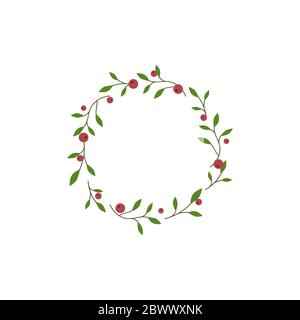 Couronne ronde avec feuilles vertes, branches et baies rouges. Guirlande d'automne isolée sur blanc. Bon pour Noël ou Thanksgiving cartes de voeux. Vecteur Illustration de Vecteur