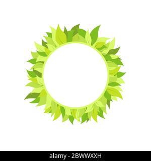 Couronne ronde avec feuilles vert vif isolées sur blanc. Zone de texte ou étiquette. Cadre été sur fond blanc. Illustration vectorielle. Illustration de Vecteur