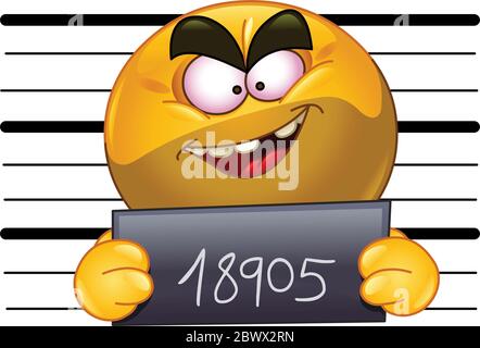 Arrêté émoticone avec échelle de mesure dans le dos tenant son numéro posant pour un crime mug coup Illustration de Vecteur