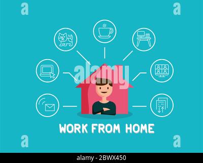 Un employé de sexe masculin travaille à domicile. Illustration vectorielle de style plat Banque D'Images
