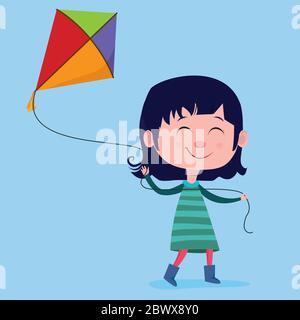 Petite fille heureuse avec un cerf-volant. Illustration vectorielle. Illustration de Vecteur