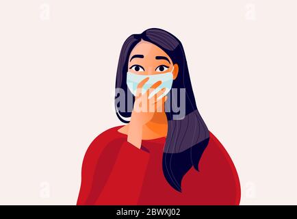 2019-ncov quarantaine. Triste femme dans le masque de protection .. Illustration de Vecteur