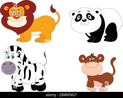 Ensemble d'illustrations d'animaux mignons : lion, panda, zébra et singe Illustration de Vecteur