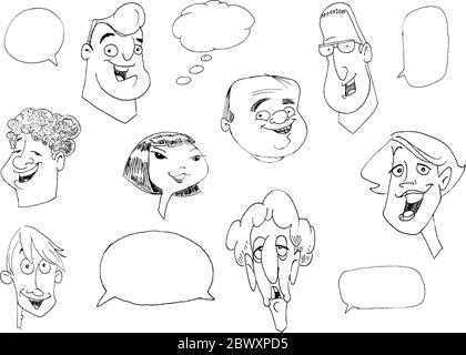 Ensemble de Doodle de personnes différentes visages avec des bulles de parole Illustration de Vecteur