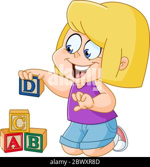 Petite fille jouant avec des blocs d'alphabet en bois Illustration de Vecteur