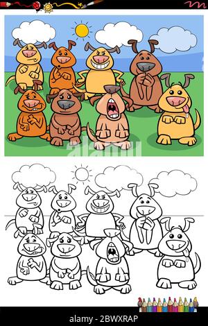 Dessin animé Illustration de drôle chiens animaux de compagnie caractères animaux Groupe Coloring Page de livre Illustration de Vecteur