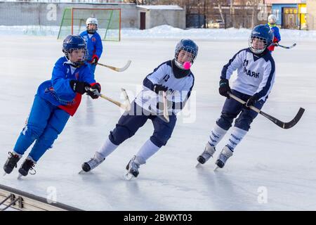 RUSSIE, KOROLEV - 10 FÉVRIER 2019 : championnat de bandy de la région de Moscou. BC Vympel - BC Filimonovo 9:1. Banque D'Images