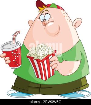 Un enfant gras avec du pop-corn et du soda Illustration de Vecteur