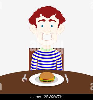 Garçon assis à la table avec un hamburger sur une assiette Illustration de Vecteur