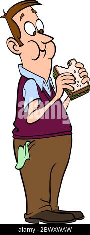 Un homme de chubby mangeant un sandwich en se tenant Illustration de Vecteur