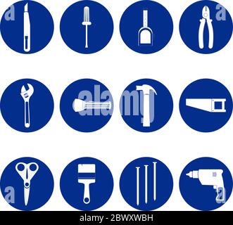 Outils icônes bleues et blanches avec clé, tournevis, lampe de poche, pince, perceuse, scie, clous, marteau, stiletto, ciseaux, brosse, ruban Illustration de Vecteur